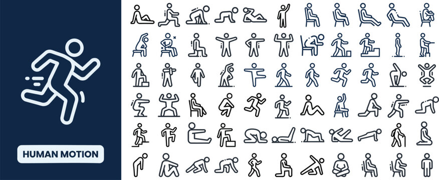 Human Motion and Movement Pose outline icon set. Featuring running, walking, jumping, exercise, and stretching symbols. Editable stroke icons for fitness app and sport design.