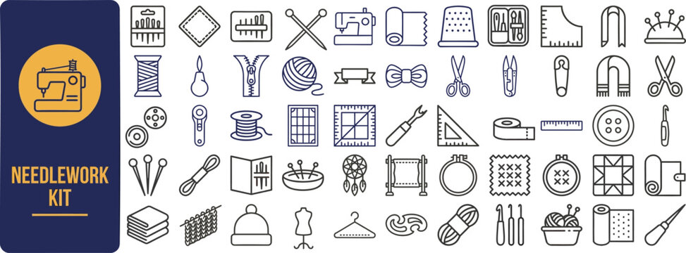 Needlework and Sewing Craft outline icon set. Featuring thread, pin, fabric, scissors, and embroidery symbols. Editable stroke icons for tailor shop and hobby workshop design.