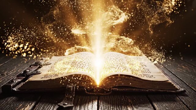 Open book with glowing light on wooden table representing futuristic concepts and abstract thought