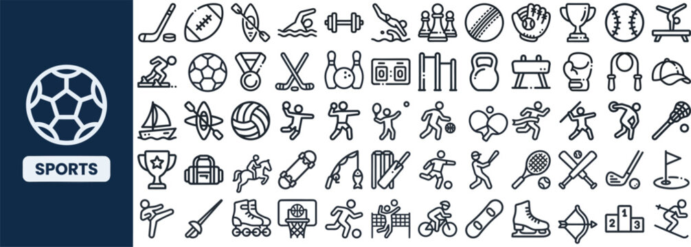 Sport Recreation and Athletic outline icon set. Featuring soccer, tennis, basketball, trophy, and athlete symbols. Editable stroke icons for fitness club and tournament design.