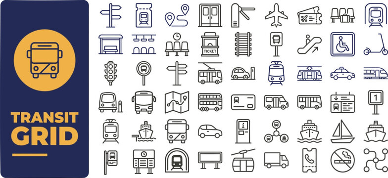 Transit Grid and Public Transport outline icon set. Featuring bus, train, subway, station, and tram symbols. Editable stroke icons for city travel app and route map design.