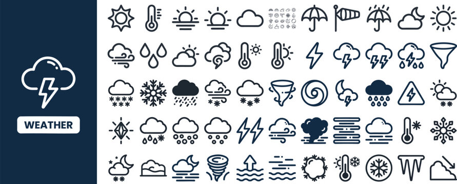 Weather Forecast and Climate outline icon set. Featuring sun, cloud, rain, snow, and storm symbols. Editable stroke icons for forecast app and meteorology presentation.