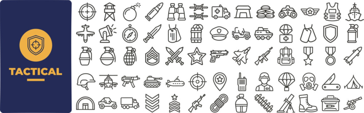 Tactical Military and Survival Gear outline icon set. Featuring soldier, weapon, combat, helmet, and equipment symbols. Editable stroke icons for army training and defense.