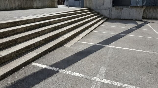 Concrete stairs ascending towards a paved area casting distinct shadows under daylight