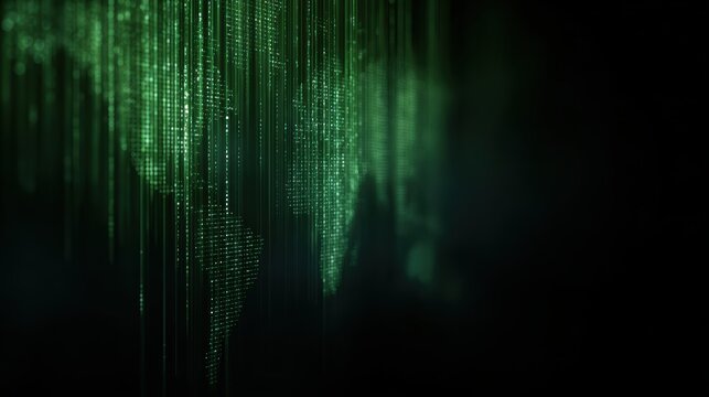 Dark digital world map covered in cyber attack code streams