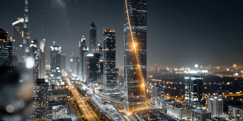 Fototapeta premium Luminescent structure stands tall. Skyscraper with glass exterior overlooks bustling streets