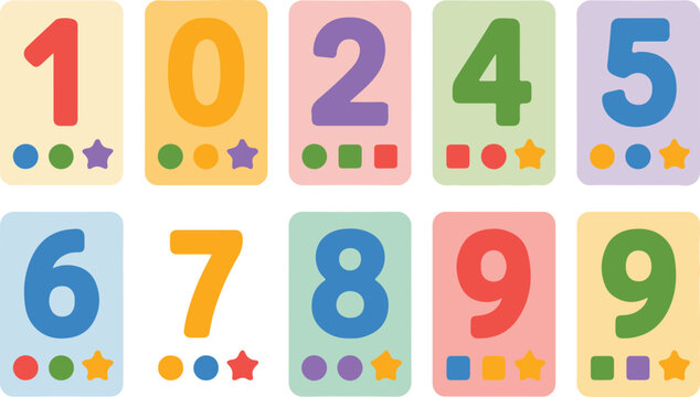 Collection of colorful flashcard style numbers from zero to nine isolated.