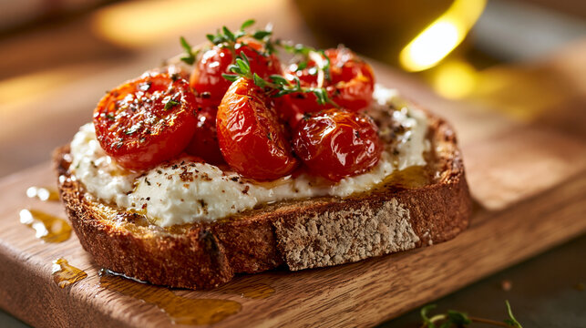 Toasted Artisan Bread with Cream, Roasted Cherry Tomatoes, Parsley, and Olive Oil Drizzle