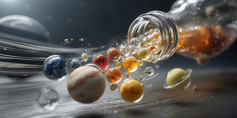 Fototapeta premium Showcase of lively astrophysical models featuring colorful fluids and detailed surface textures
