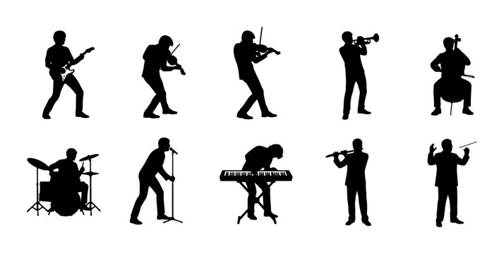 Musician Silhouettes Vector Set: Guitarist, Violinist, Trumpeter, Drummer, Keyboardist, Cellist, Singer, Flutist, Band Performance, Live Music Icons