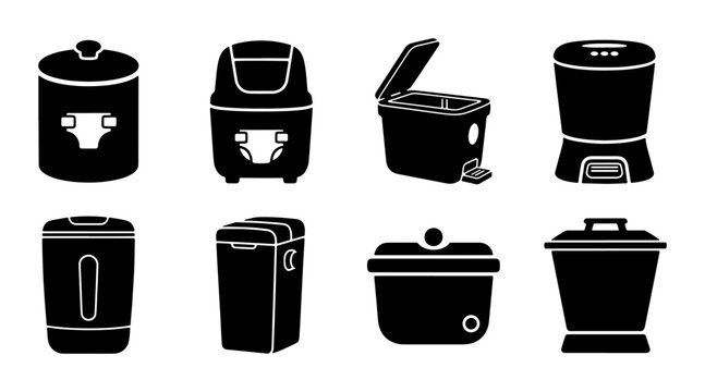 Baby Diaper Pail and Trash Can Vector Icons Set, Modern Nursery Waste Management Solutions, Clean Silhouette Collection for Parenting and Household Design