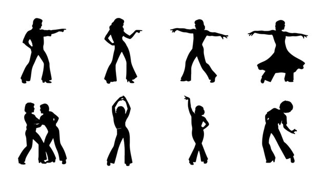 Retro Disco Dance Silhouettes, 70s Style Figures, Vintage Party People, Groovy Dancer Poses, Celebration Vector Set
