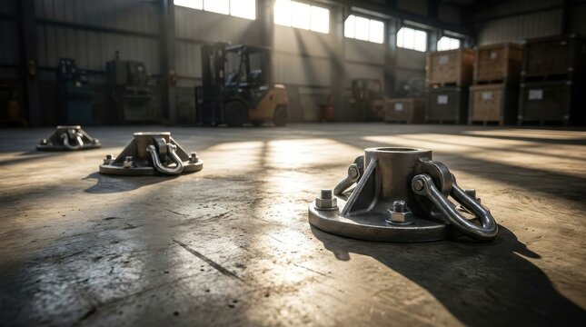 Heavy duty reinforced floor anchoring points with chains and bolts in a sunlit industrial warehouse interior