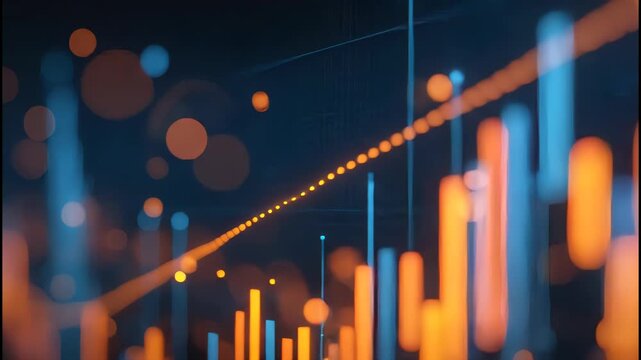 Abstract digital data visualization with blue bars and orange bokeh