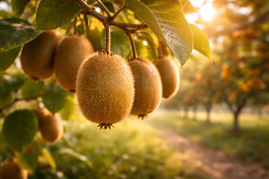 kiwi fruits hanging on tree branch with sunlight