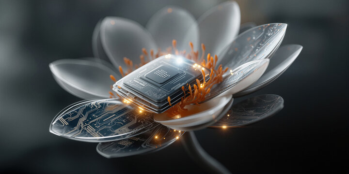 Detailed macro scene blending electronic components with natural floral forms illuminated gently