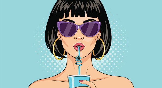 Fashionable woman with black hair and purple sunglasses sips a cold beverage through a unique spiral blue straw in a classic comic book style.