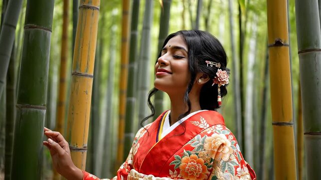 Woman in traditional kimono in bamboo forest emphasizing natural beauty and pristine environments