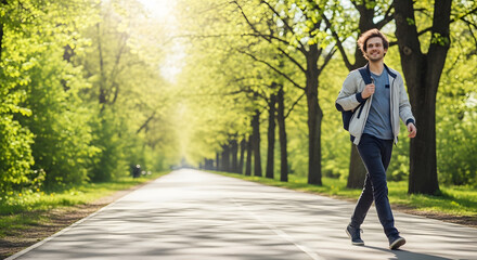 Obraz premium Man enjoying a walk in a tree-lined park on a sunny day