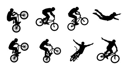 Fototapeta premium BMX Bike Rider Silhouettes, Extreme Sports Action, Bicycle Trick Set, Dynamic Freestyle Cycling Poses, Vector Graphics Collection