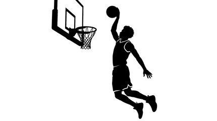 Basketball Player Silhouette Performing a Slam Dunk into Hoop. Minimalist Vector Illustration of Basketball Slam Dunk on transparent Background. Sports and Competition Concept Vector. © bikram