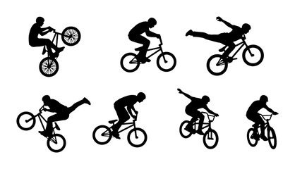 Fototapeta premium BMX Bike Rider Silhouettes, Extreme Sports Action Poses, Dynamic Cycling Stunts Vector Set, Freestyle Bicycle Acrobatics