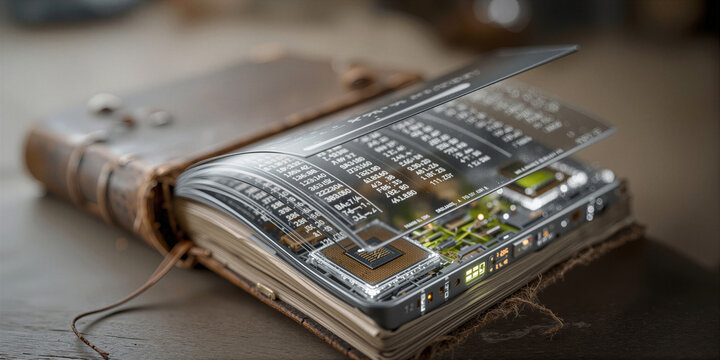 Retro leather sketchbook presenting layered schematics and electronic circuit plans