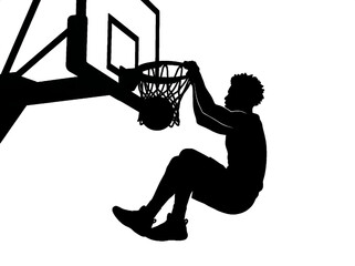 Basketball Player Silhouette Performing a Slam Dunk into Hoop. Minimalist Vector Illustration of Basketball Slam Dunk on transparent Background. Sports and Competition Concept Vector.  © bikram