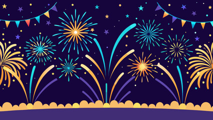 fireworks display illustration with bunting and stars on dark background © MihirKumarMondal