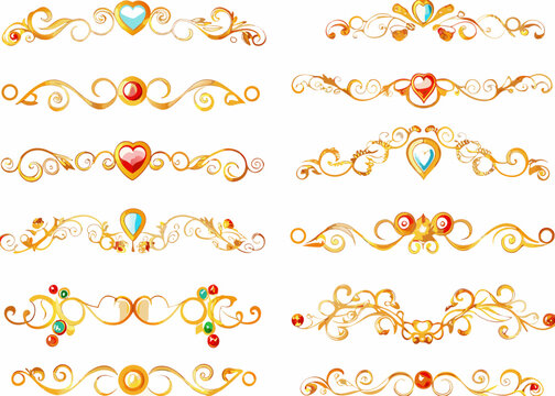 decorative horizontal borders with gemstones golden vector illustration