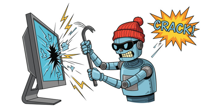 Angry blue robot wearing a red winter beanie and black sunglasses uses a metal crowbar to smash a computer screen with a loud crack sound.