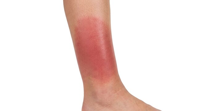 Close-up studio shot captures inflamed red patch on human lower leg, presenting medical condition healthcare awareness.