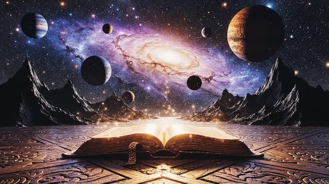 open book in cosmic landscape ideal for sleek commercial backgrounds and title sequences