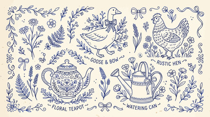 Rustic Folk Art Illustration Set Featuring Blue Line Art Goose, Hen, Floral Teapot, and Watering Can with Vintage Country Style Flowers and Decorative Elements for Crafting Projects © Ayong