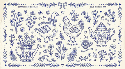 Vintage Blue Ink Folk Art Doodle Collection Featuring Cottagecore Elements Like Goose, Hen, Teapot, and Floral Watering Can on an Off-White Rustic Background for Decorative Stationery Design. © Ayong