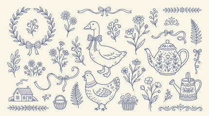 Rustic Blue Hand Drawn Country Life Illustration Set Featuring Farm Animals, Floral Wreaths, Teapot, Watering Can, and Cottagecore Elements in Vintage Folk Art Style on Textured Cream Background. © Ayong