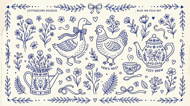 Vintage Blue Ink Folk Art Doodle Collection Featuring Cottagecore Elements Like Goose, Hen, Teapot, and Floral Watering Can on an Off-White Rustic Background for Decorative Stationery Design.