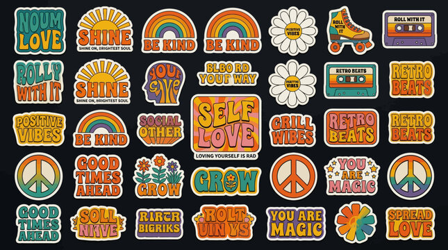 Retro 70s Sticker Collection Featuring Groovy Typography, Positive Quotes, Sunbursts, Rainbows, Peace Signs, Cassette Tapes, and Roller Skates on a Dark Background for Graphic Design Assets.