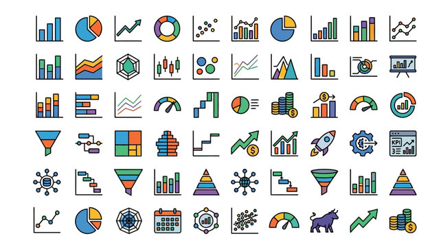 Comprehensive collection of business data visualization icons including colorful bar graphs, pie charts, funnel diagrams, and financial symbols for professional analytics and dashboard reports.