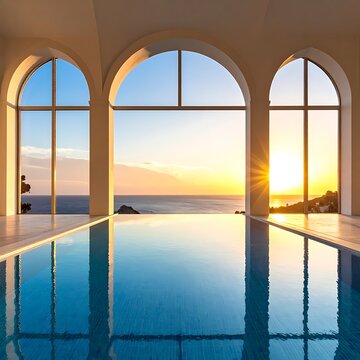 Luxury indoor pool with ocean view.