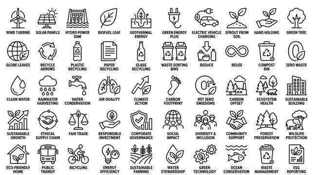 Comprehensive Set of 50 ESG Icons for Environmental Sustainability Renewable Energy Social Responsibility and Corporate Governance Design Elements in Black and White Minimalist Line Art Style.