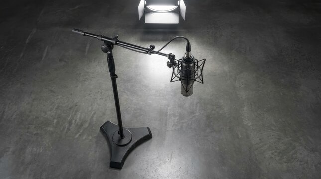 Professional condenser microphone on a heavy stable stand in a dimly lit studio with spotlight