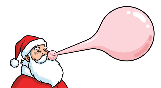 Humorous illustration of Santa Claus blowing a giant pink bubble gum bubble against a plain white background for festive fun.