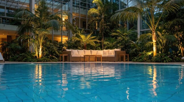 Luxurious indoor resort pool with lush tropical plants and modern seating area reflecting in tranquil water