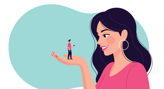 Surreal illustration of a giant woman holding a tiny man looking at his smartphone in the palm of her hand against a blue sky.