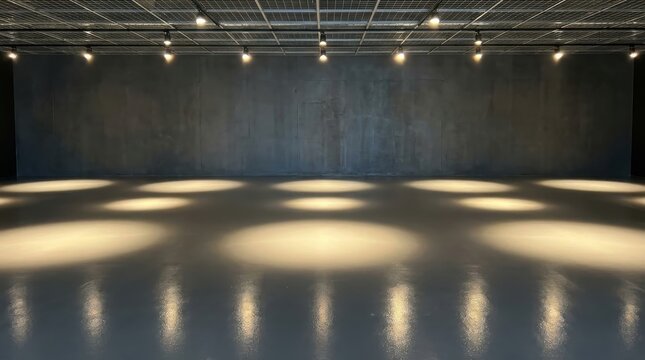 Seamless epoxy coated floor reflecting spotlights in a dark studio interior with a concrete wall and grid ceiling