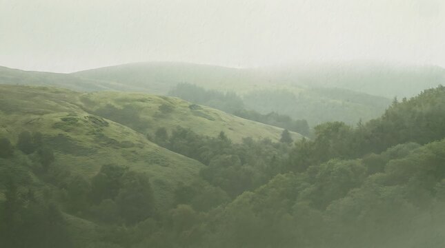Lush green hills shrouded in mist during a serene morning in a tranquil rural landscape