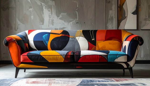 Abstract art sofa with a vibrant patchwork of geometric shapes and bold colors, modern furniture accent piece