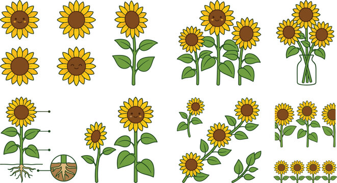 Sunflower Collection with Smiling Faces and Root System, Bright Yellow Floral Illustrations for Digital Media, Websites, and Gardening Designs