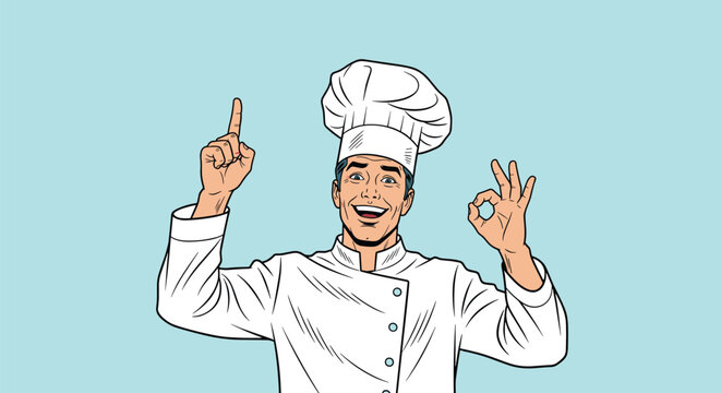 Happy chef in a white uniform and hat pointing his finger up for a great idea and showing an okay hand sign in a restaurant.